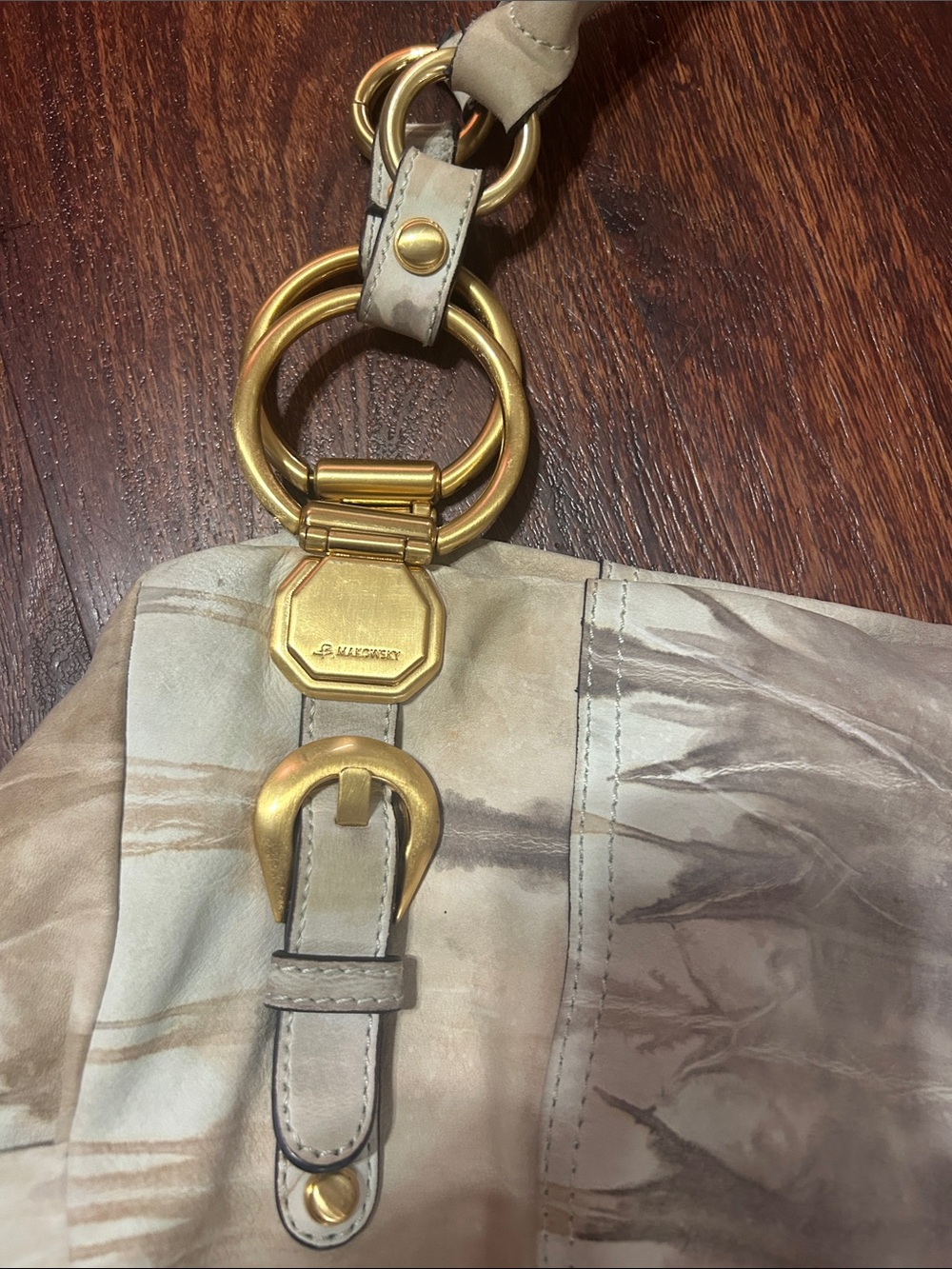 b. makowsky Beige and Light Gray Tie-Dye Leather Shoulder Bag with Gold Hardware - Picture 3 of 14